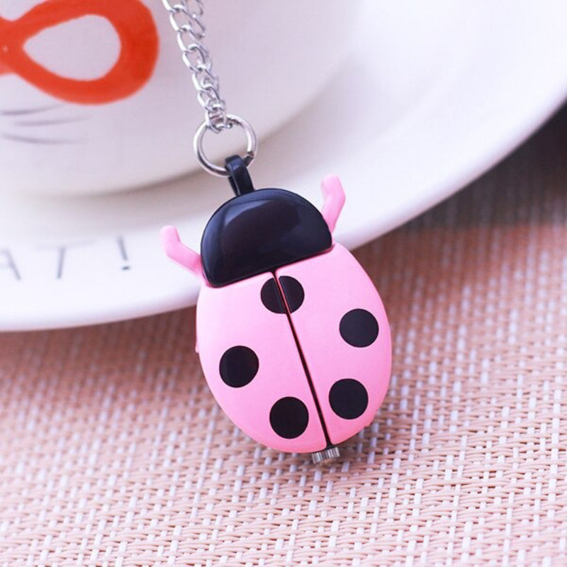 Bright-Colored Cartoon Ladybug Flip Cover Necklace Quartz Pocket Watches