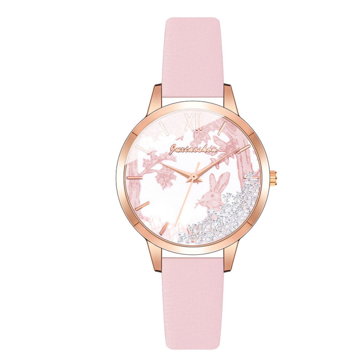 Bright-Colored Rabbit Patterned Dial with Leather Strap Quartz Watches