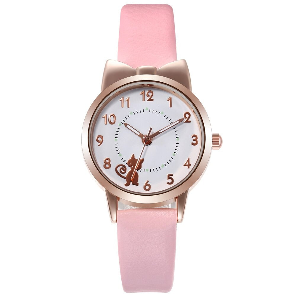 Cute Cat Pattern Bowknot Style Dial Vegan Leather Strap Quartz Watches