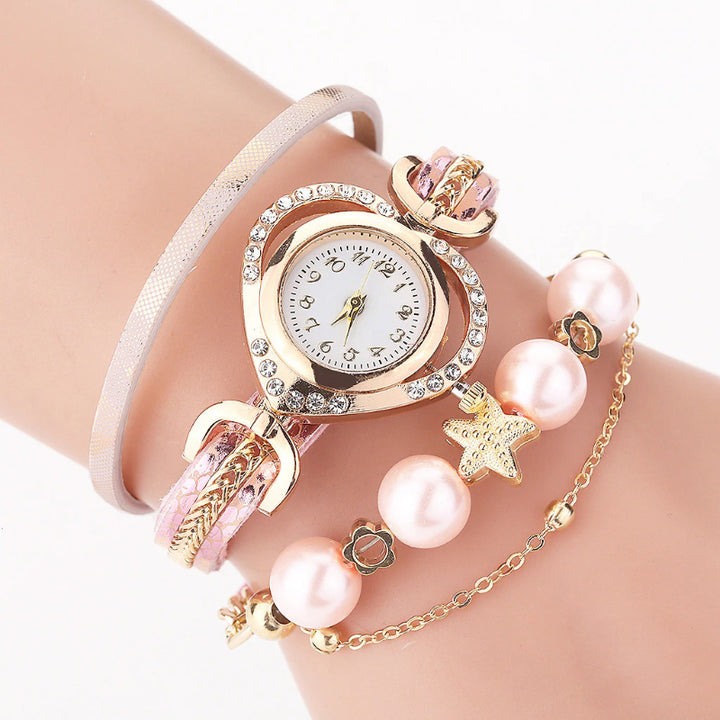 Multi-layer Pearl and Rhinestone Embellished Vegan Leather Bracelet Quartz Watches