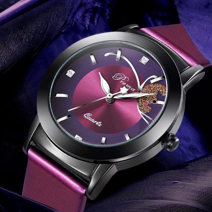 Fashion Butterfly Dial with Vegan Leather Strap Purple Quartz Watches