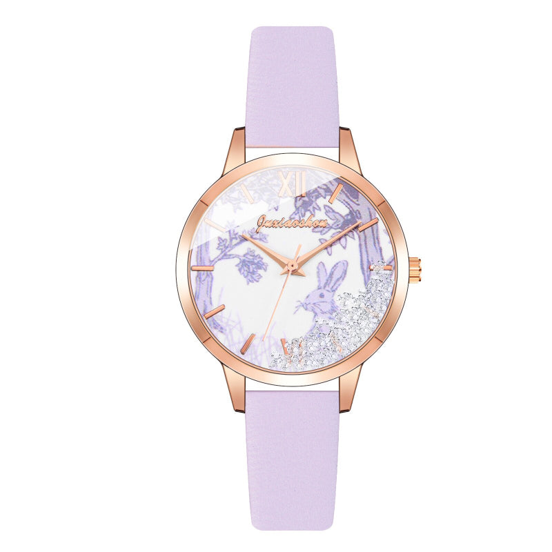 Bright-Colored Rabbit Patterned Dial with Leather Strap Quartz Watches