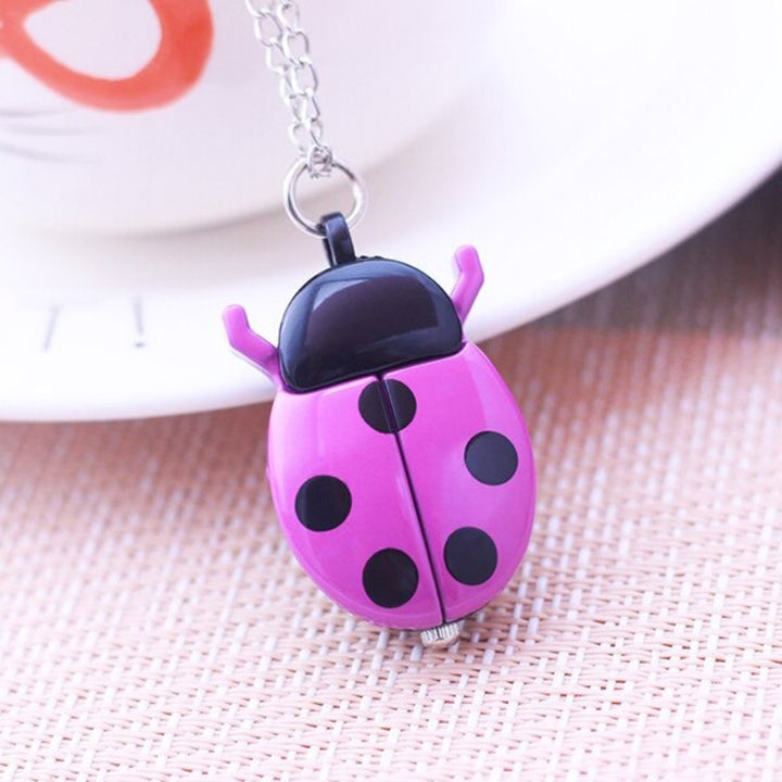 Bright-Colored Cartoon Ladybug Flip Cover Necklace Quartz Pocket Watches