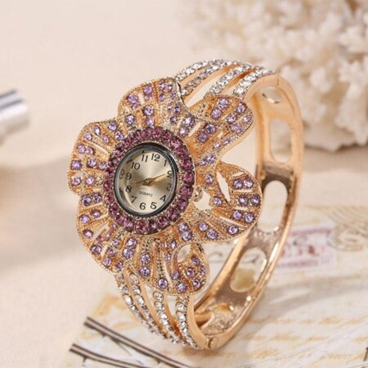 Bedazzled Multi-color Rhinestone Encrusted Flower Shape Bracelets Quartz Watches