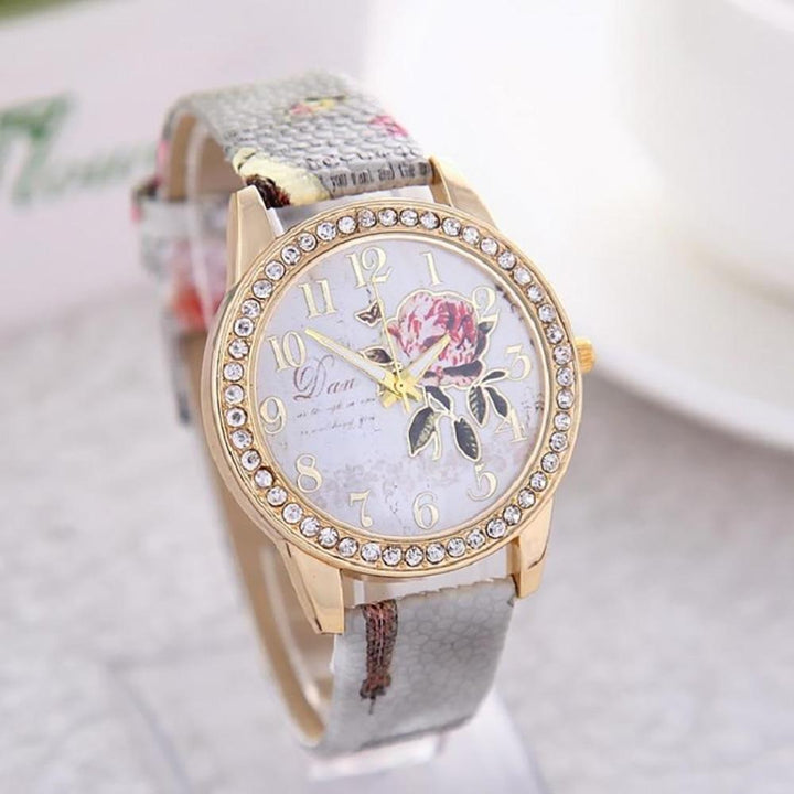 Quartz Watches - Leather Wristband With Floral Printed Quartz Watch