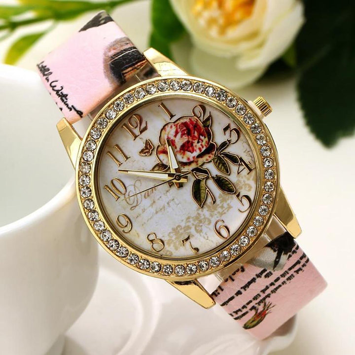 Quartz Watches - Leather Wristband With Floral Printed Quartz Watch