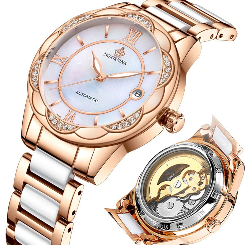 Luminous Rhinestone Flower Shaped Case Automatic Self-Winding Watches