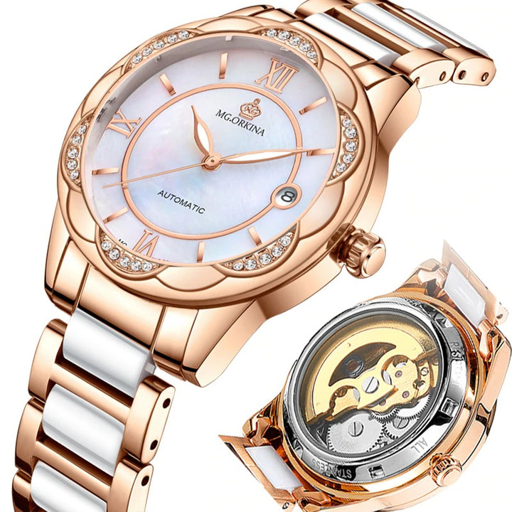 Luminous Rhinestone Flower Shaped Case Automatic Self-Winding Watches