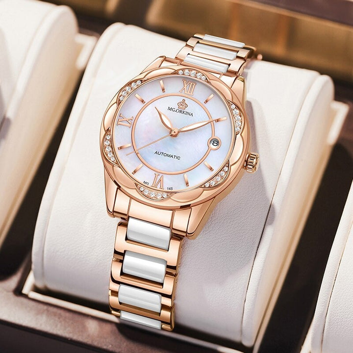 Luminous Rhinestone Flower Shaped Case Automatic Self-Winding Watches