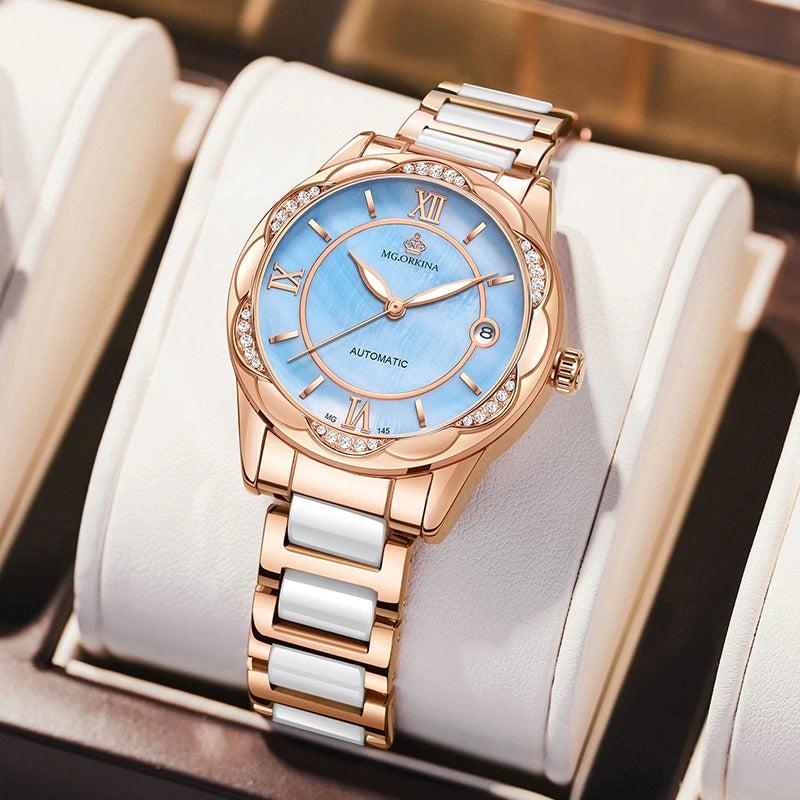 Luminous Rhinestone Flower Shaped Case Automatic Self-Winding Watches