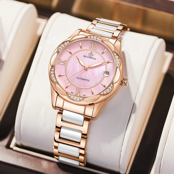 Luminous Rhinestone Flower Shaped Case Automatic Self-Winding Watches