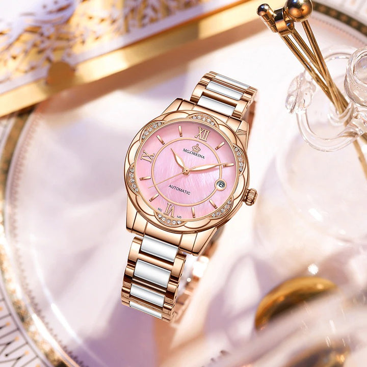 Luminous Rhinestone Flower Shaped Case Automatic Self-Winding Watches