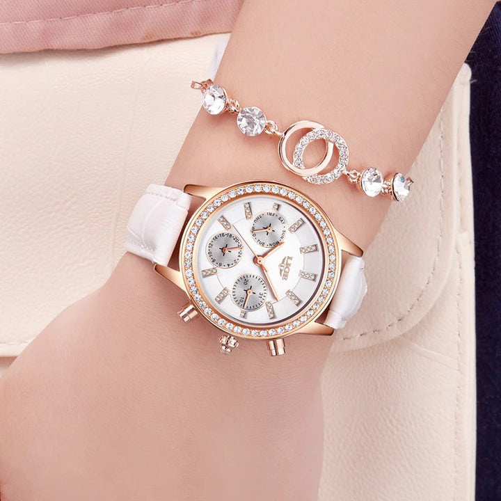 Sparkling Rhinestone Accent Luminous Vegan Leather Strap Quartz Watches