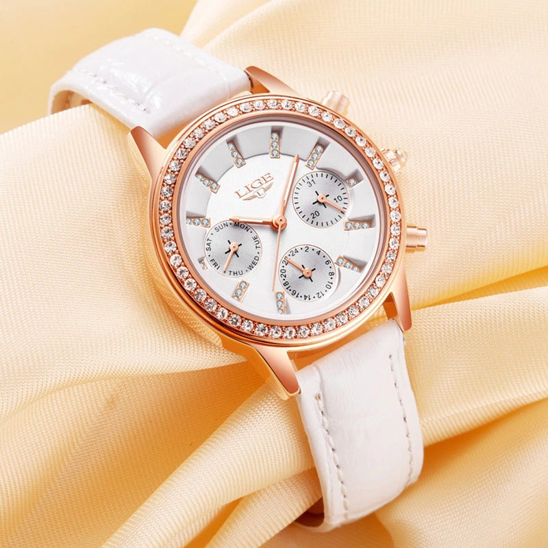 Sparkling Rhinestone Accent Luminous Vegan Leather Strap Quartz Watches