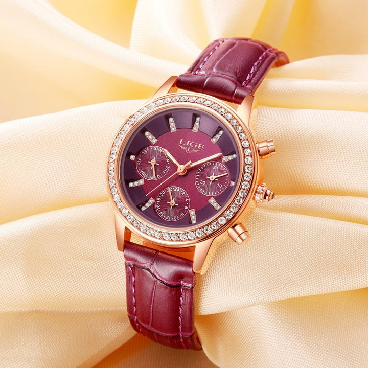 Sparkling Rhinestone Accent Luminous Vegan Leather Strap Quartz Watches