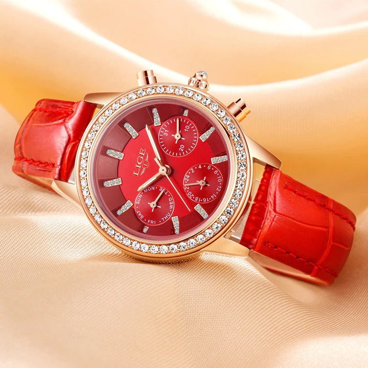 Sparkling Rhinestone Accent Luminous Vegan Leather Strap Quartz Watches