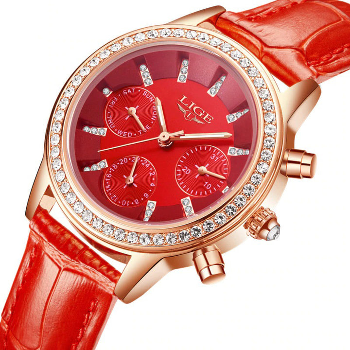 Sparkling Rhinestone Accent Luminous Vegan Leather Strap Quartz Watches