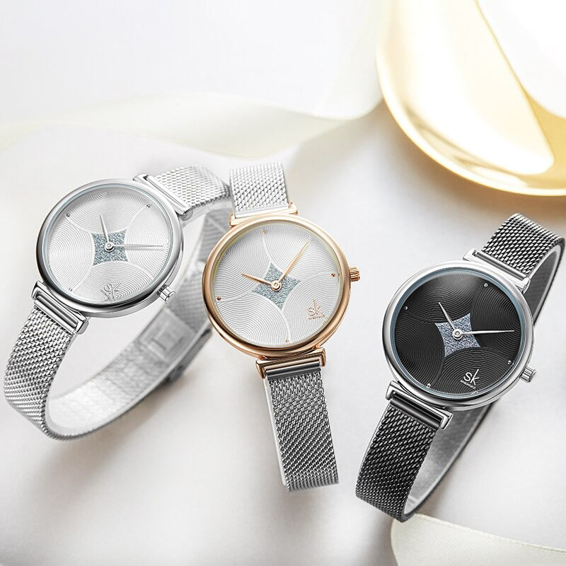 Delicate Curved Glitter Embellished Dial with Steel Mesh Strap Quartz Watches