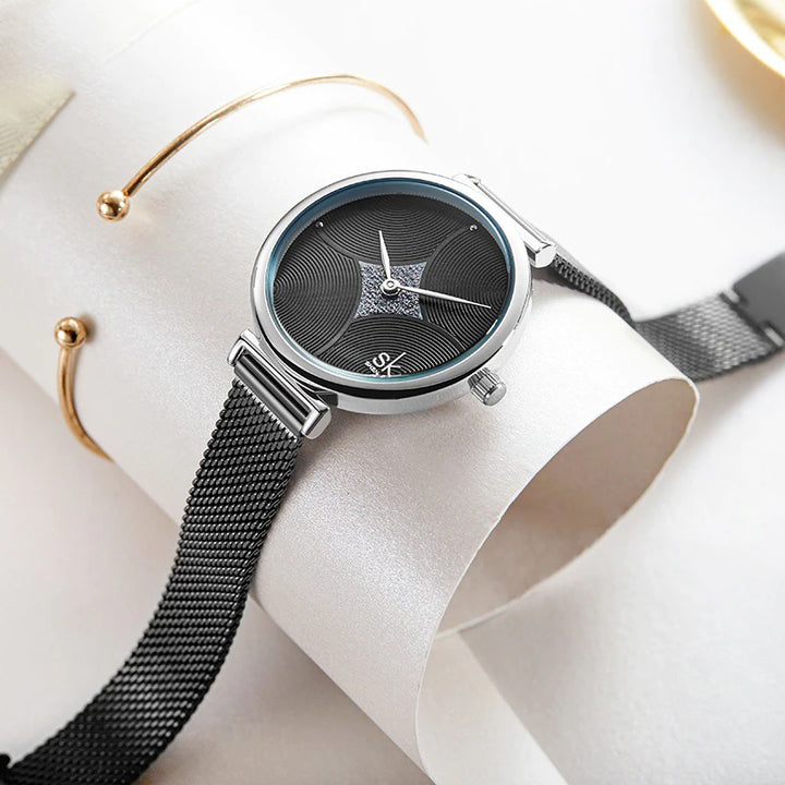 Delicate Curved Glitter Embellished Dial with Steel Mesh Strap Quartz Watches