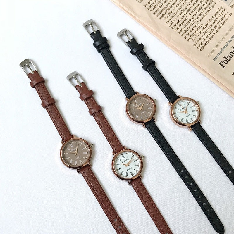 Vintage Round Case Roman Numeral Dial with Thin Vegan Leather Strap Quartz Watches