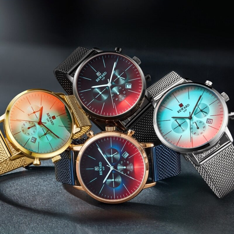 Colorful Glass Dial with Steel Mesh Band Chronograph Quartz Watches