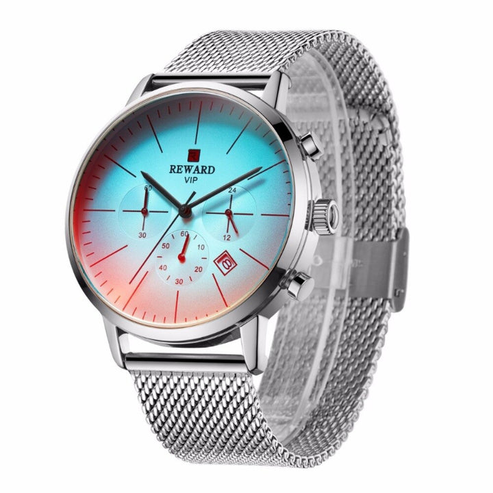 Colorful Glass Dial with Steel Mesh Band Chronograph Quartz Watches