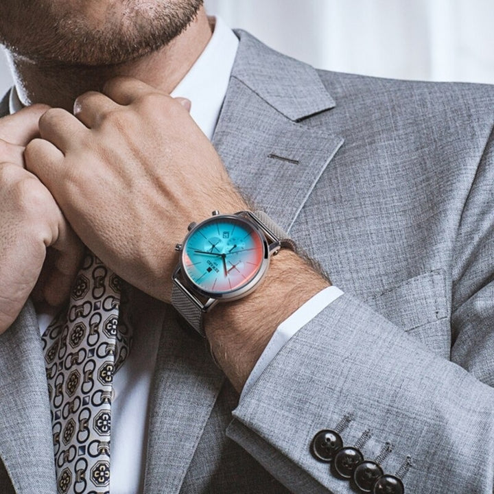 Colorful Glass Dial with Steel Mesh Band Chronograph Quartz Watches