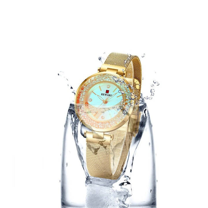 Glitzy Rotating Rhinestones with Glowing Dial Mesh Strap Quartz Watches