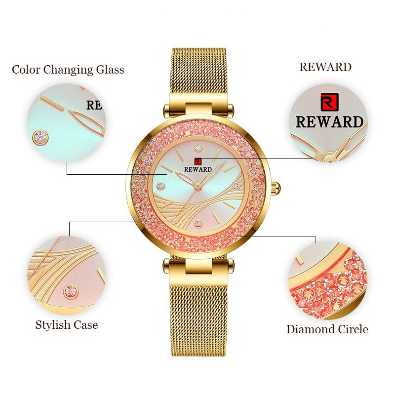 Glitzy Rotating Rhinestones with Glowing Dial Mesh Strap Quartz Watches