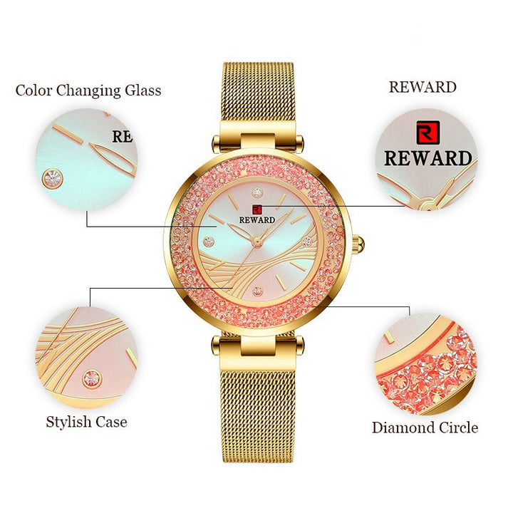 Glitzy Rotating Rhinestones with Glowing Dial Mesh Strap Quartz Watches