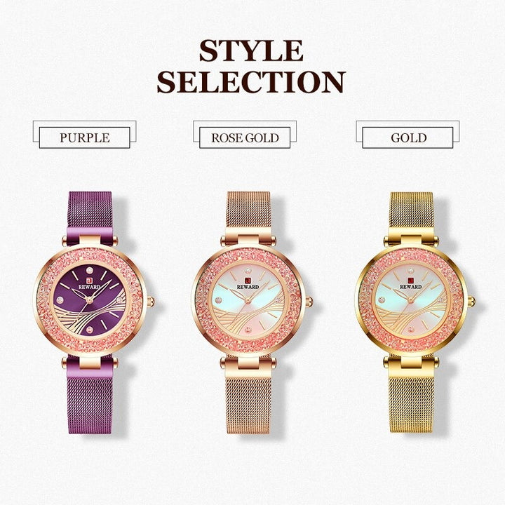 Glitzy Rotating Rhinestones with Glowing Dial Mesh Strap Quartz Watches