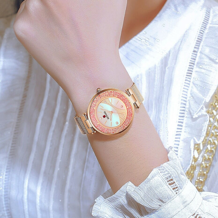 Glitzy Rotating Rhinestones with Glowing Dial Mesh Strap Quartz Watches