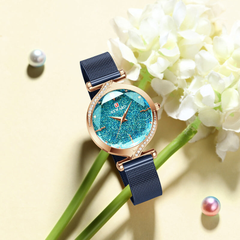 Petal Shaped Glass with Shiny Rhinestone Inlay Dial Quartz Watch