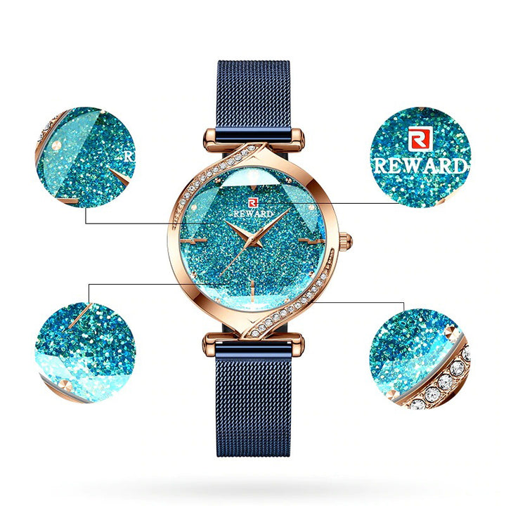 Petal Shaped Glass with Shiny Rhinestone Inlay Dial Quartz Watch