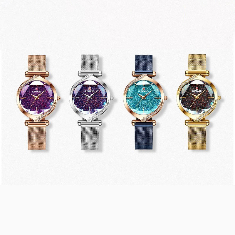 Petal Shaped Glass with Shiny Rhinestone Inlay Dial Quartz Watch