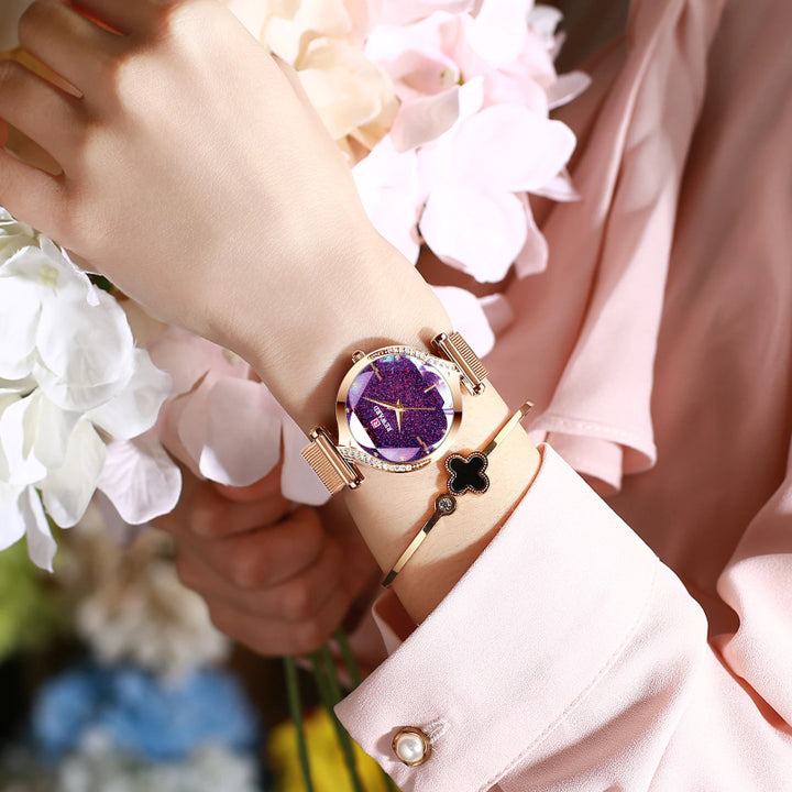 Petal Shaped Glass with Shiny Rhinestone Inlay Dial Quartz Watch