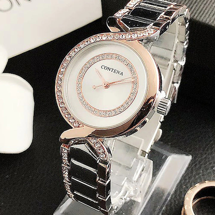 Stainless Steel Rhinestone Bejeweled Round Case Quartz Watches