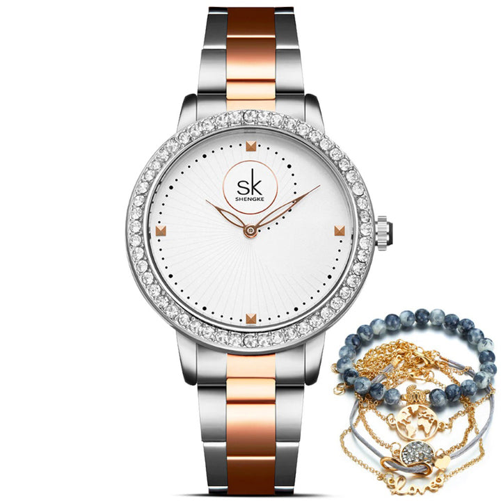 Women's Casual Rhinestone Embellished Conch Pattern Dial Quartz Watches