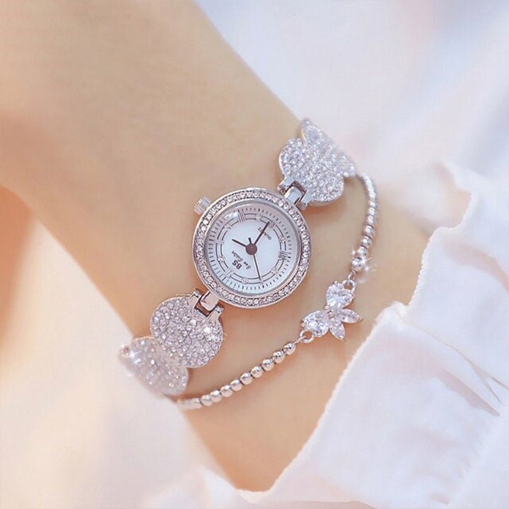 Deluxe Bejeweled Rhinestone Quartz Watches with Bow Charm Bracelet