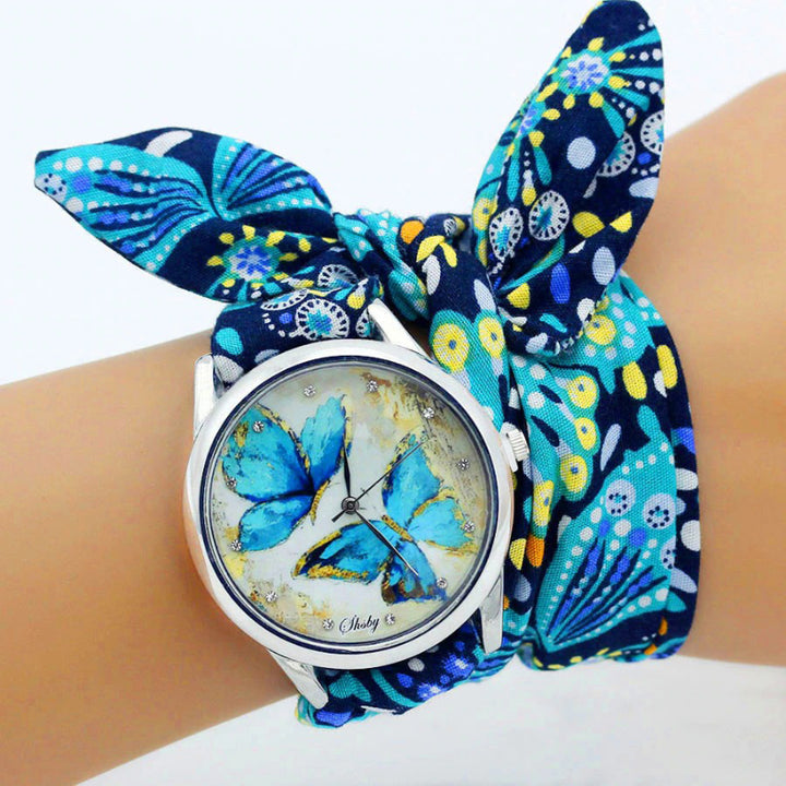 Ethnic Style Wrap Around Flower Pattern Cloth Strap Quartz Watches