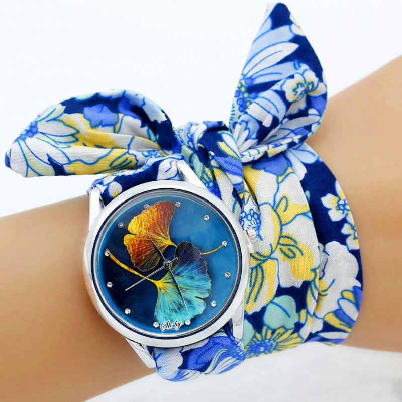 Ethnic Style Wrap Around Flower Pattern Cloth Strap Quartz Watches