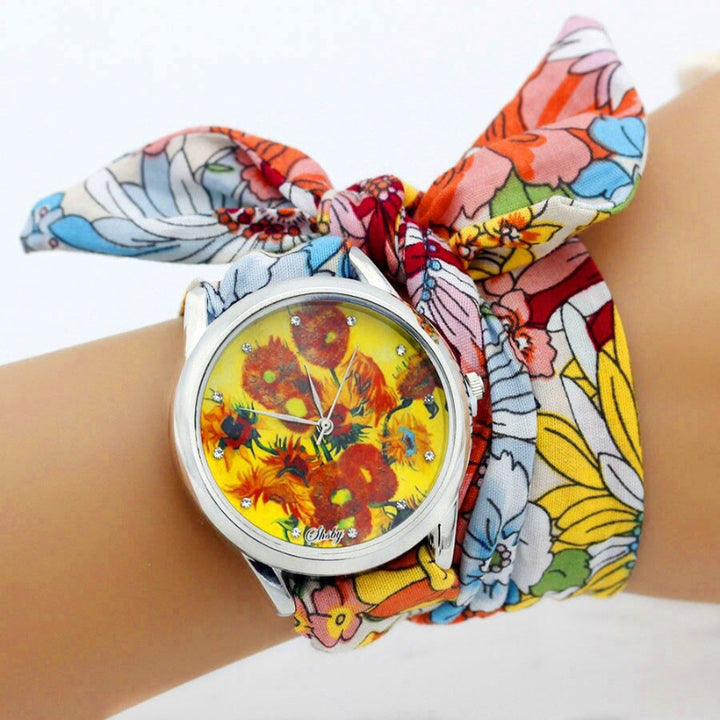 Ethnic Style Wrap Around Flower Pattern Cloth Strap Quartz Watches