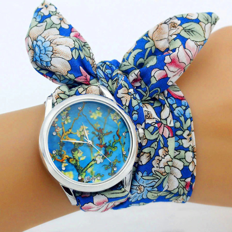 Ethnic Style Wrap Around Flower Pattern Cloth Strap Quartz Watches