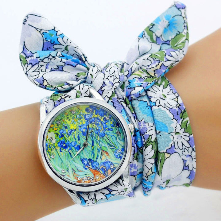 Ethnic Style Wrap Around Flower Pattern Cloth Strap Quartz Watches