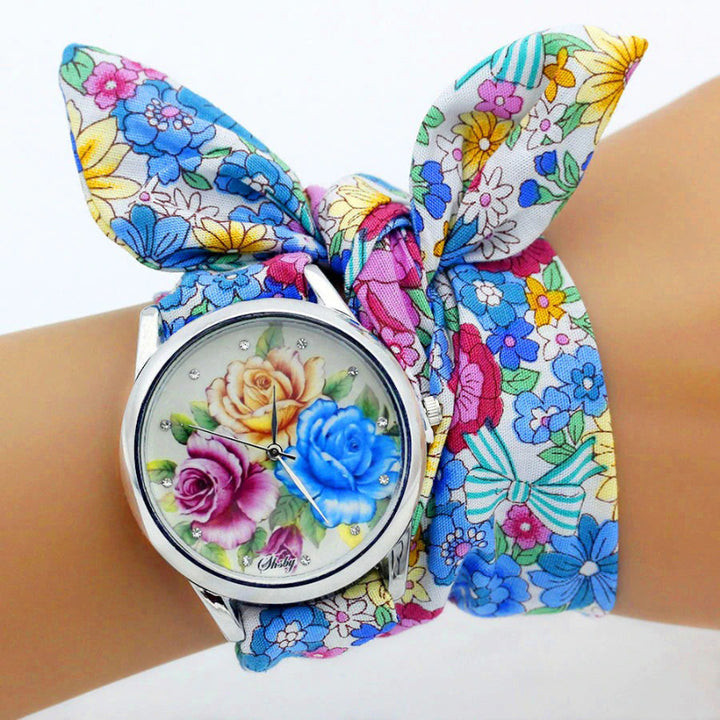 Ethnic Style Wrap Around Flower Pattern Cloth Strap Quartz Watches