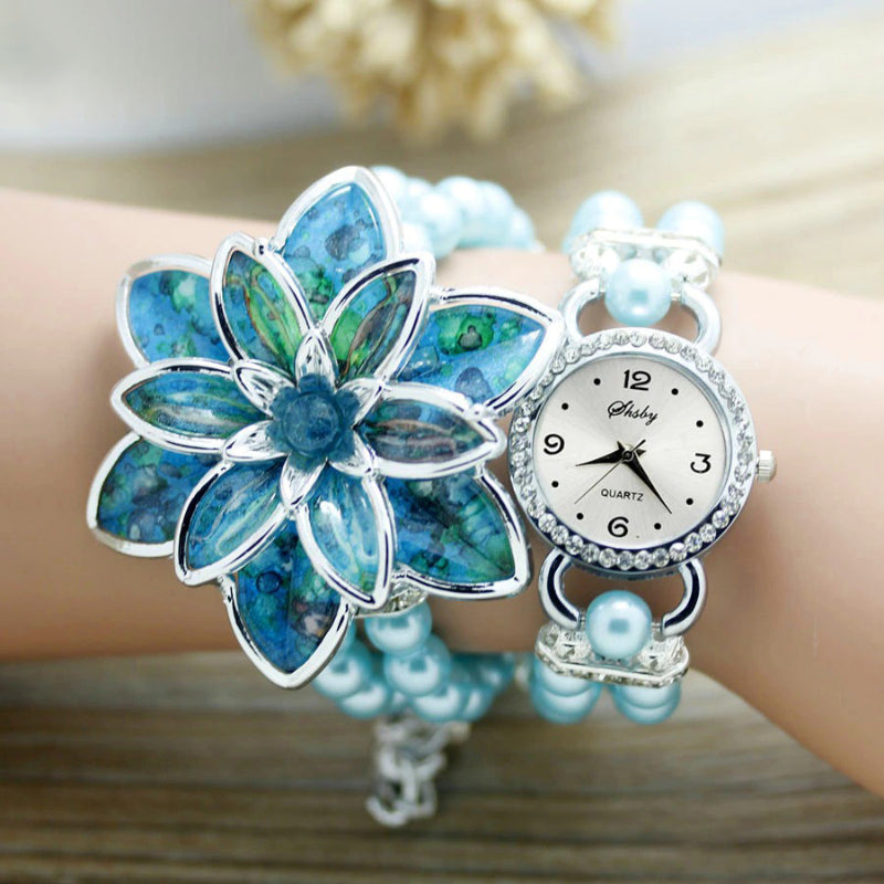 Rhinestone Flower Petals Embellished Pearl Strap Bracelet Watches