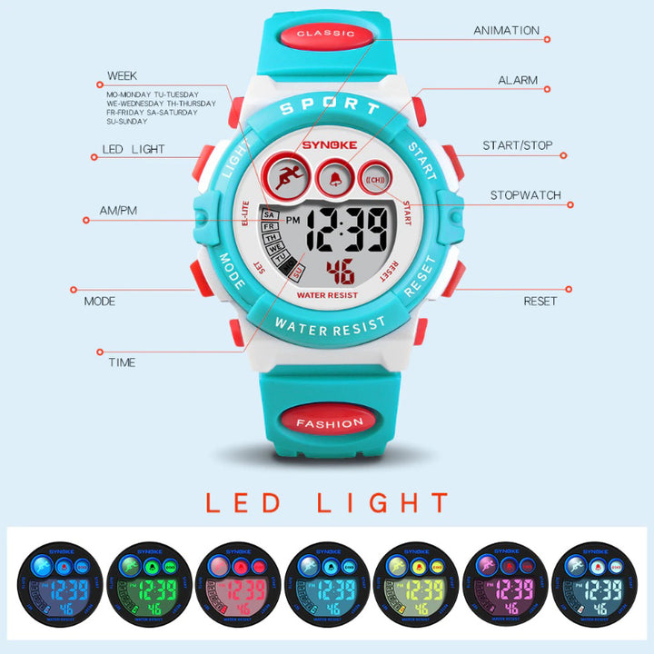 Colorful Waterproof Digital LED Display Chronograph Watches for Kids