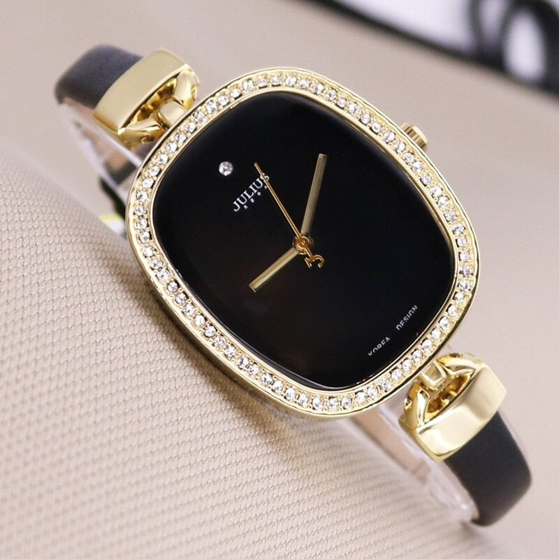 Classy Rhinestone Adorned Numberless Dial with Thin Vegan Leather Strap Quartz Watches