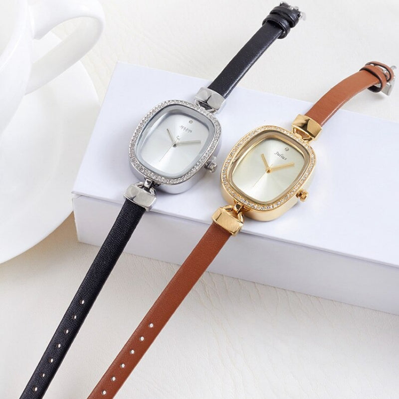 Classy Rhinestone Adorned Numberless Dial with Thin Vegan Leather Strap Quartz Watches