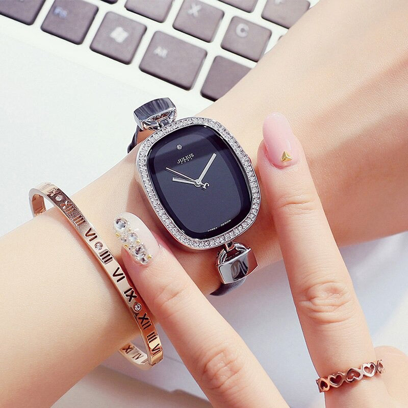 Classy Rhinestone Adorned Numberless Dial with Thin Vegan Leather Strap Quartz Watches